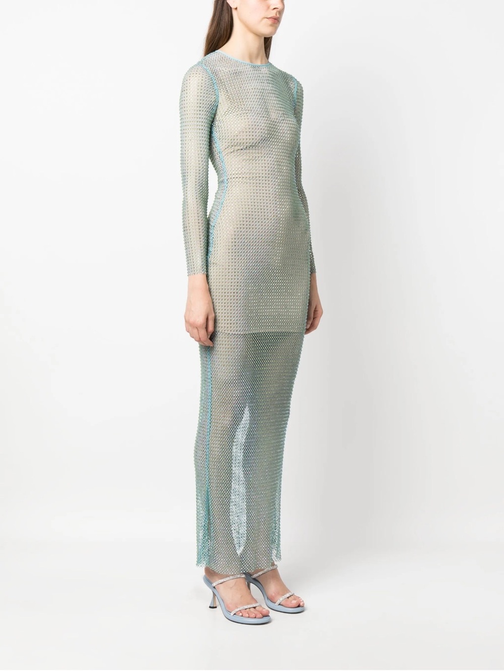 Self-Portrait Metallic Sheer Long-Sleeve Maxi Dress in Pale Green